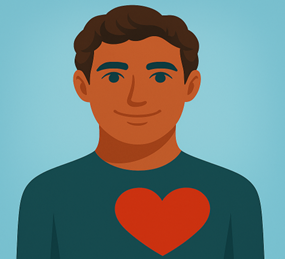 A simple illustrated portrait of a person shown from the chest up against a light blue background. The person has short dark hair, dark eyes, and a neutral facial expression. They are wearing a dark teal long‑sleeved top. A large red heart symbol is centr