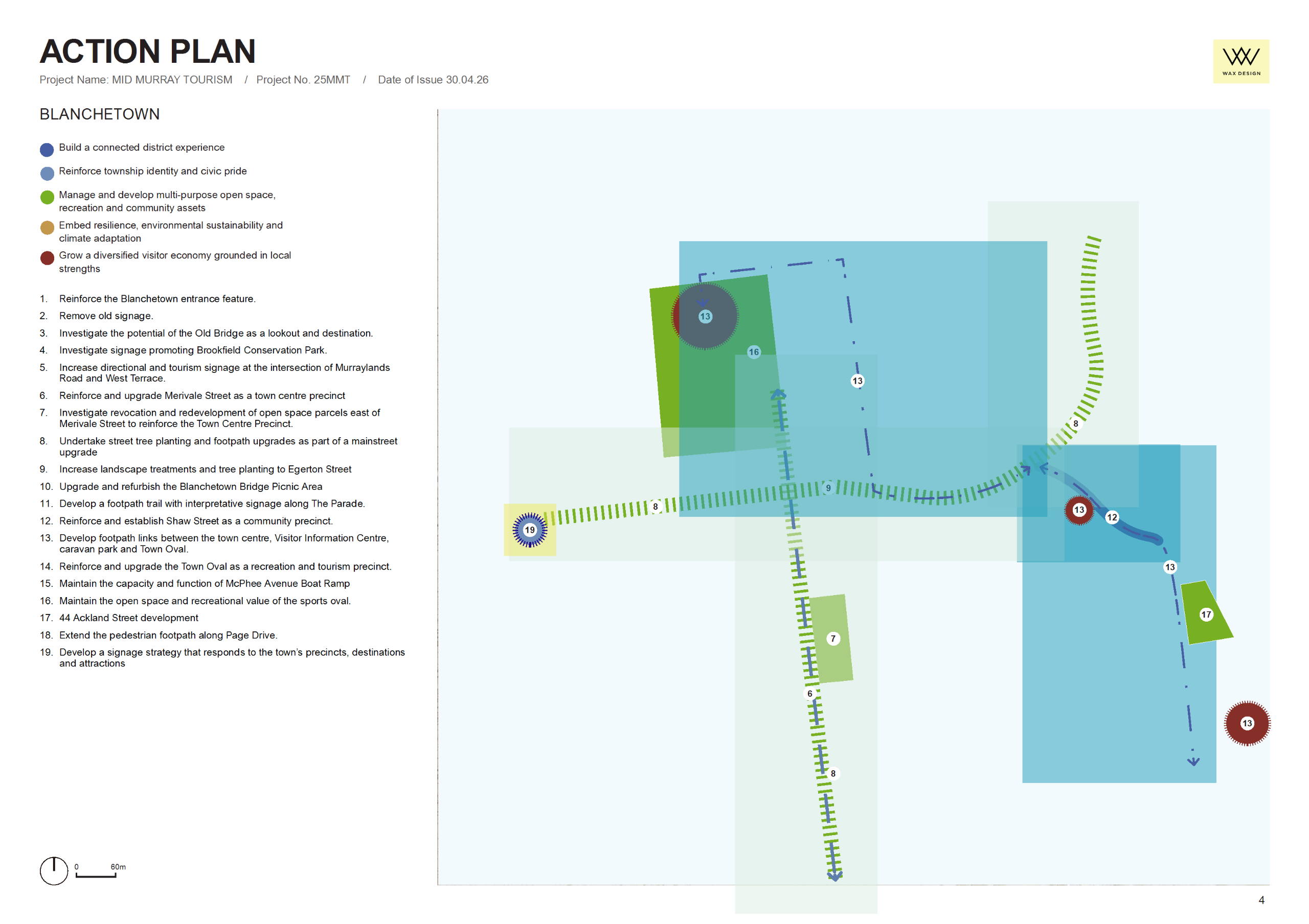 The image is an aerial map of a township labelled “Action Plan – Blanchetown.” The base layer shows a satellite view of the town, with streets, buildings, open spaces, and the surrounding landscape visible. Over the top of the map are coloured lines, shap