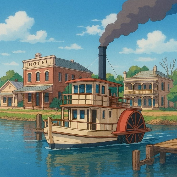 A colourful illustration of a historic riverside scene. In the foreground, a paddle steamer floats on calm blue water beside a wooden wharf. The boat has two levels, a large red paddle wheel at the back, and a tall black chimney releasing dark smoke into 
