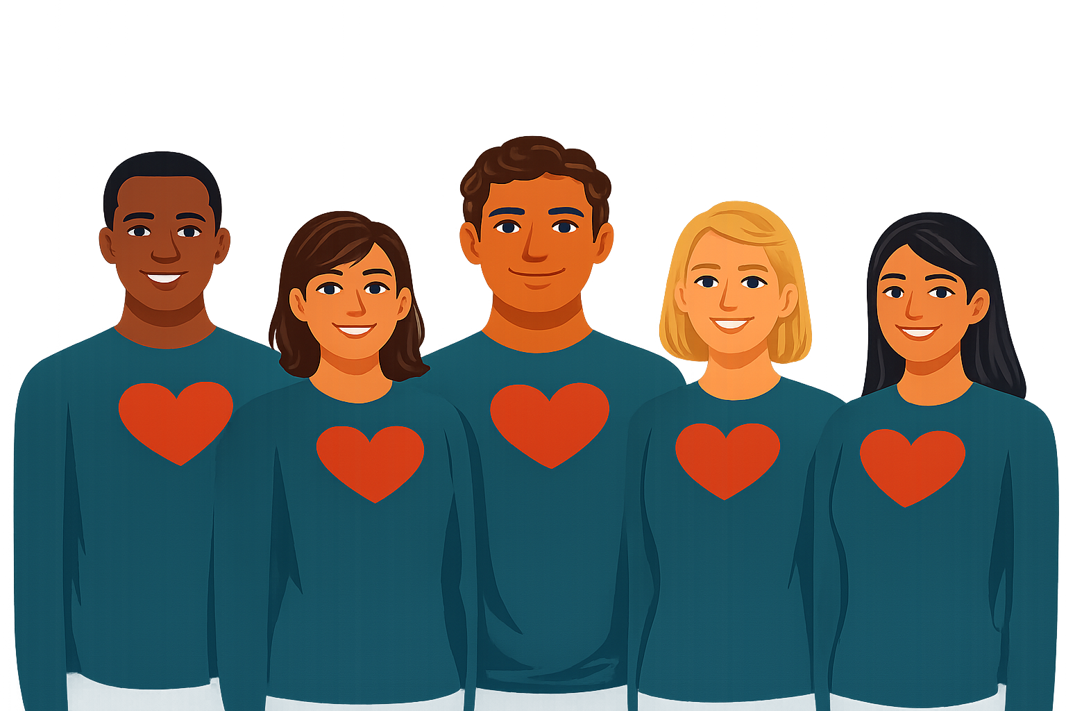 A simple illustrated portrait of a person shown from the chest up against a light blue background. The person has short dark hair, dark eyes, and a neutral facial expression. They are wearing a dark teal long‑sleeved top. A large red heart symbol is centr