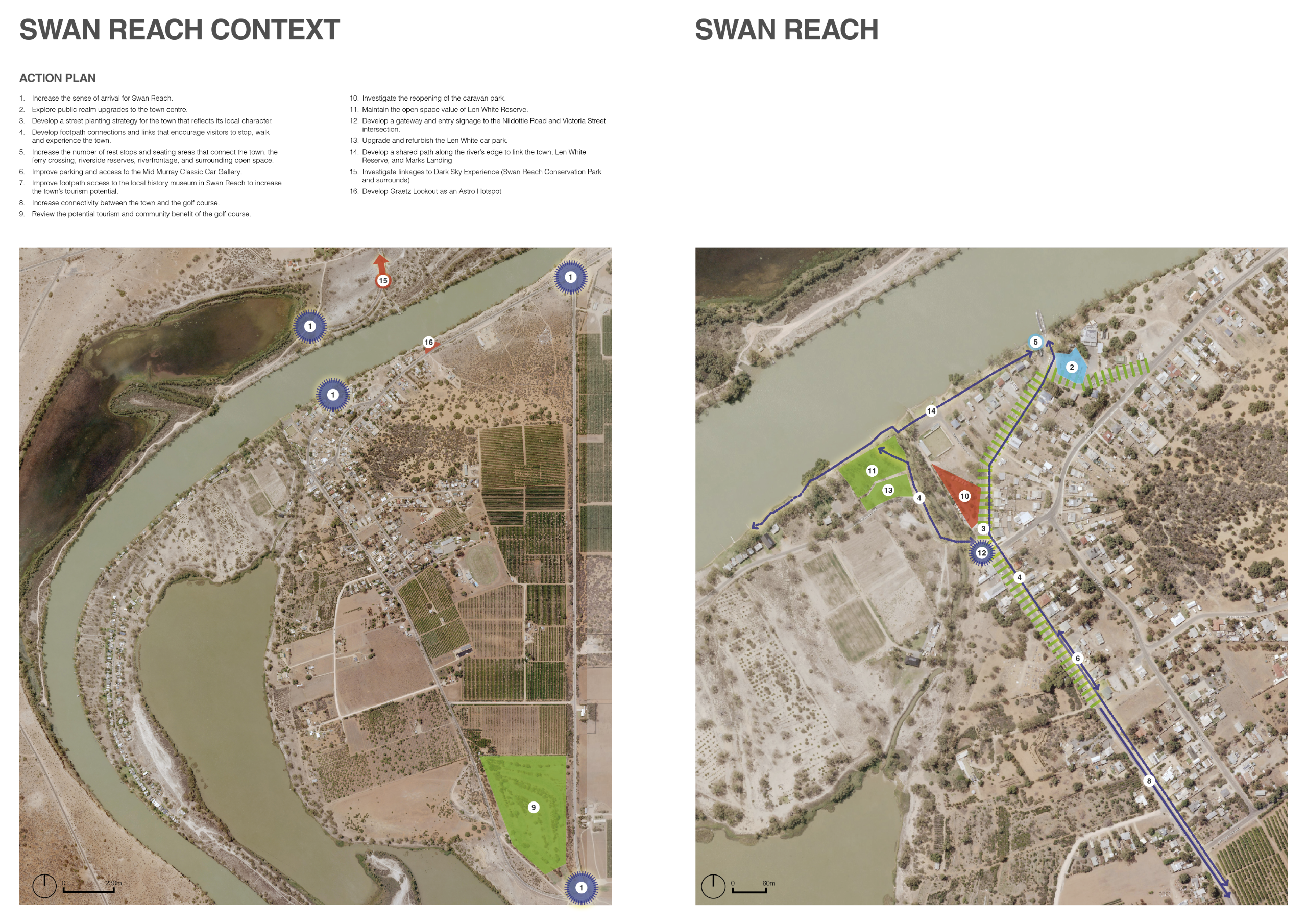 A two-part planning poster titled “Swan Reach Context” on the left and “Swan Reach” on the right, both presented on a light grey background with action plans and aerial maps. At the top left, the heading “Swan Reach Context” appears above a list of number