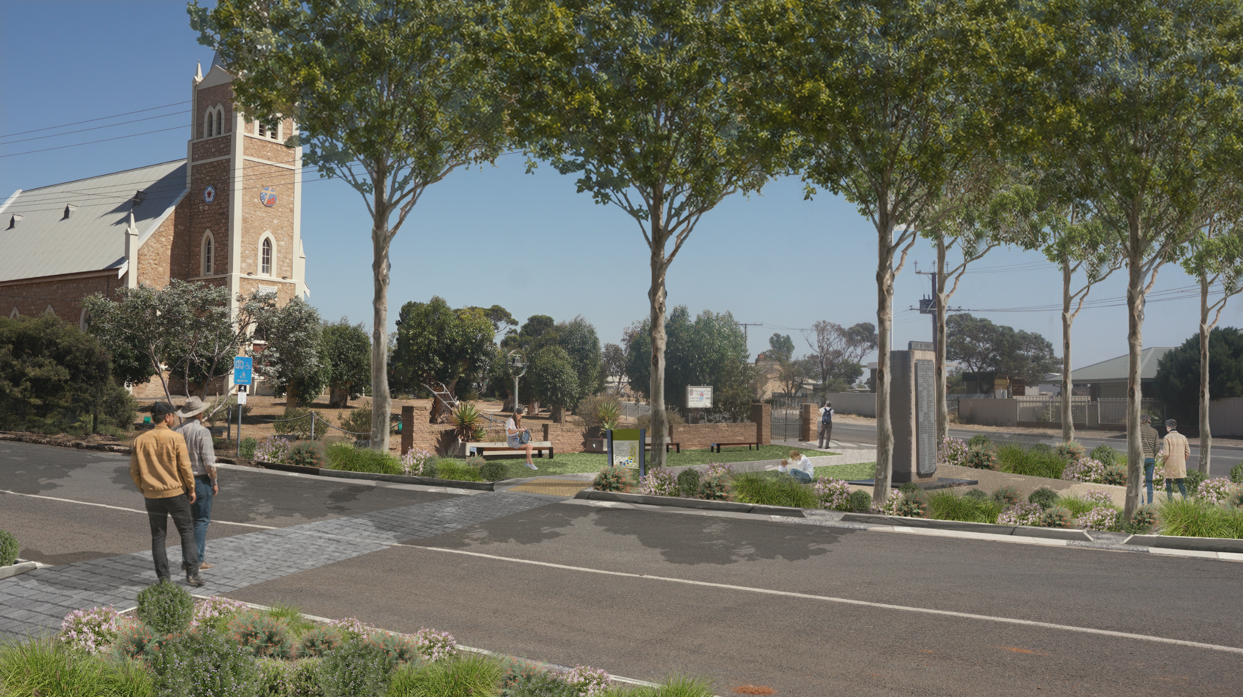 After: A concept design of a small-town intersection showing an upgraded civic space with improved landscaping and pedestrian access. In the foreground, a raised pedestrian crossing with textured paving spans a quiet road. Low garden beds filled with native plan