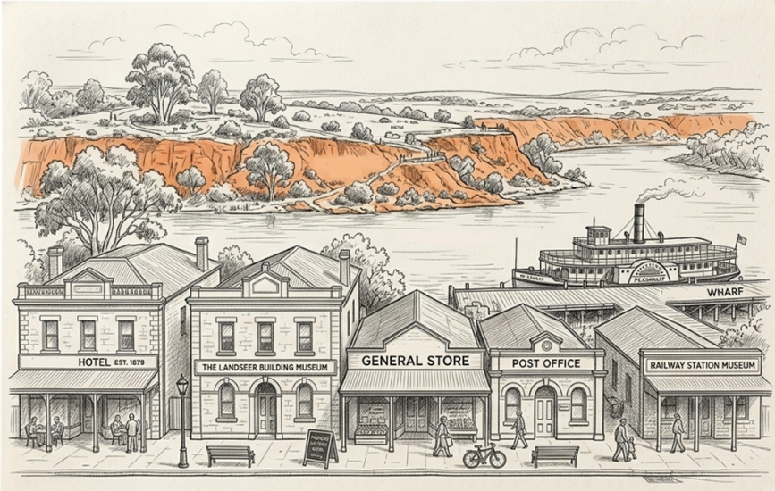 A detailed hand‑drawn illustration of a historic riverside town. In the foreground, a row of old-style buildings lines the street, each clearly labelled. From left to right, the buildings read: “Hotel Est. 1878”, “The Landseer Building Museum”, “General S