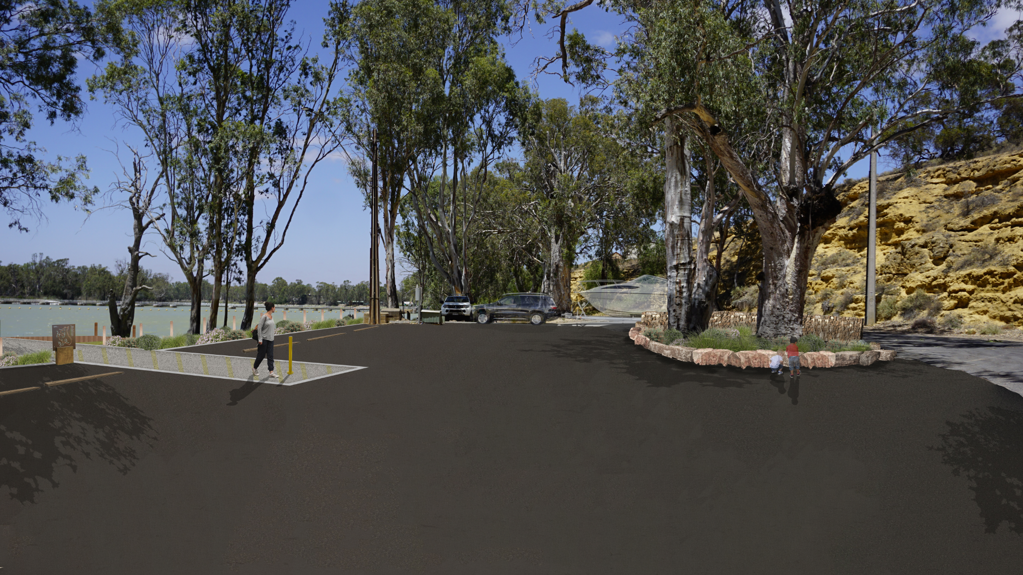 After: A redesigned riverside area with a newly sealed dark asphalt surface in the foreground, replacing the original dirt space. On the left, marked parking bays sit beside the river, with low landscaping and timber edging separating the parking from the water’