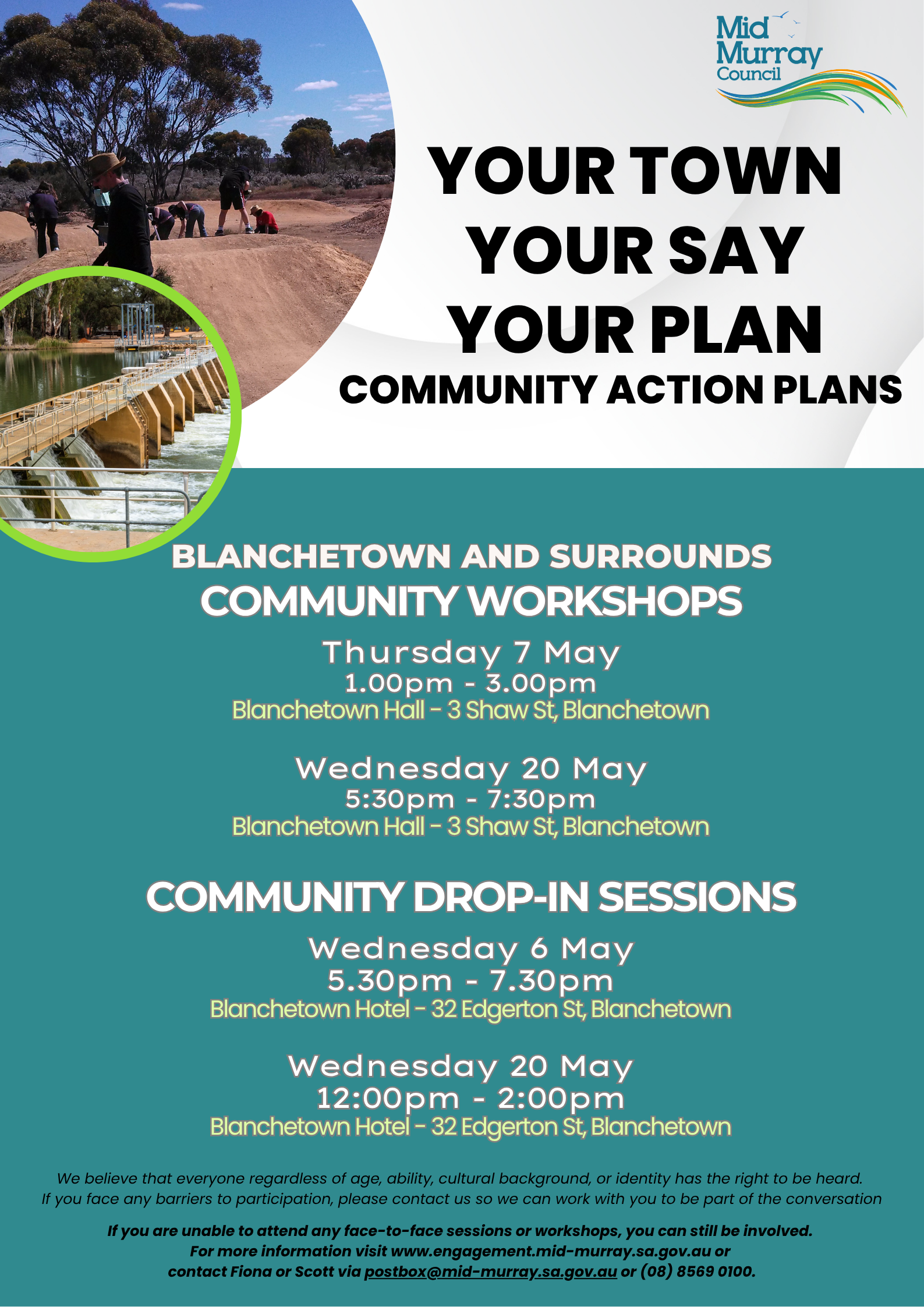 A Mid Murray Council flyer promoting community action planning. The headline reads “Your Town, Your Say, Your Plan – Community Action Plans.” The Mid Murray Council logo appears in the top right corner. Two circular photos are shown on the left: one shows