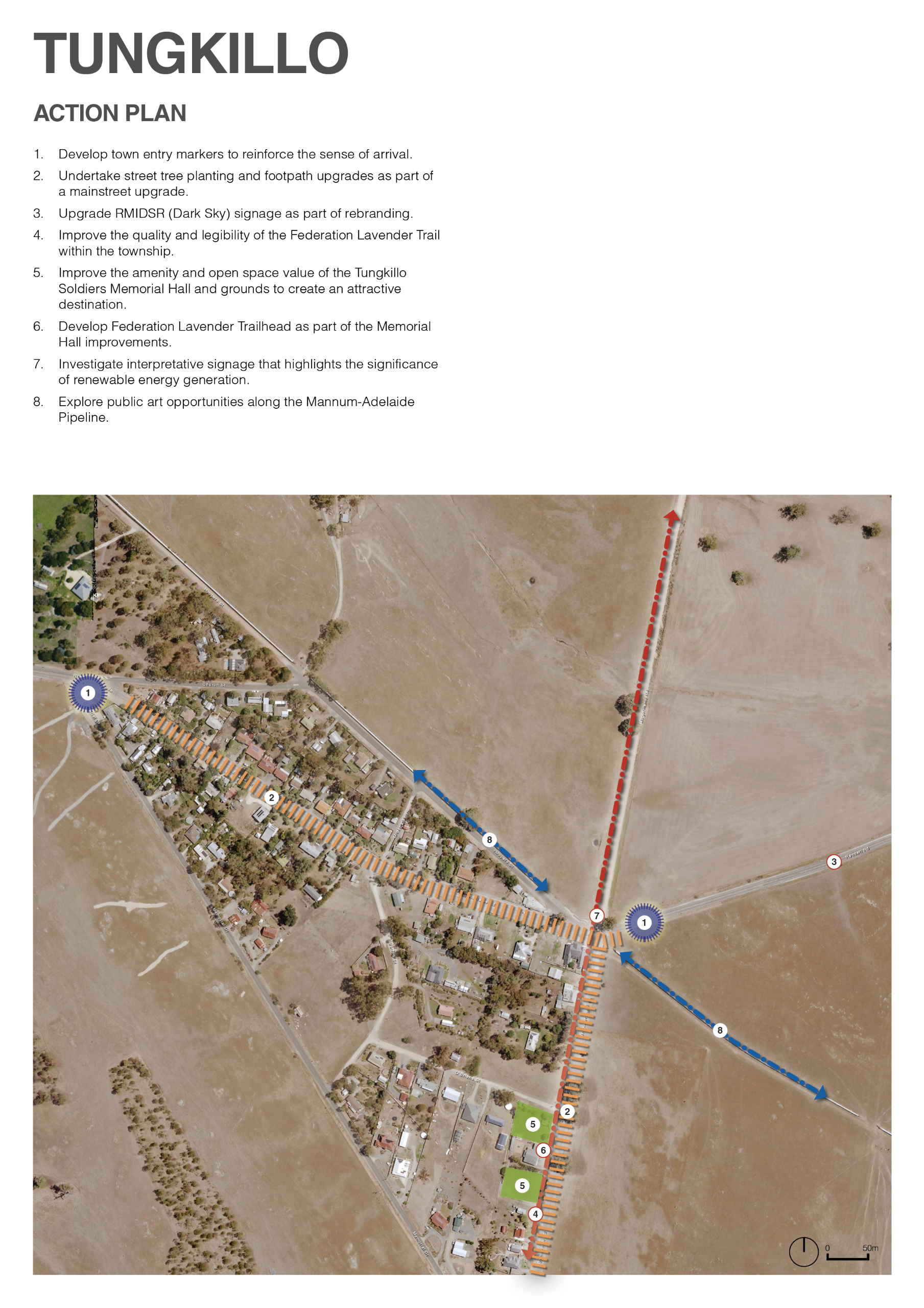 A presentation slide titled “Swan Reach Context” includes a list of 16 action plan items and two aerial maps. The left map shows a wide view of Swan Reach along the Murray River, with farmland, residential areas, and open space visible. Several numbered m