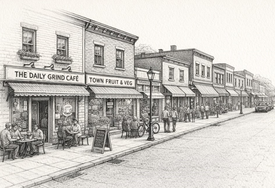 A hand-drawn, sepia-toned illustration of a small-town main street viewed from the footpath. A row of two‑storey historic shopfronts lines the street, with awnings extending over the pavement. One shop sign on the left reads “The Daily Grind Café”, and an