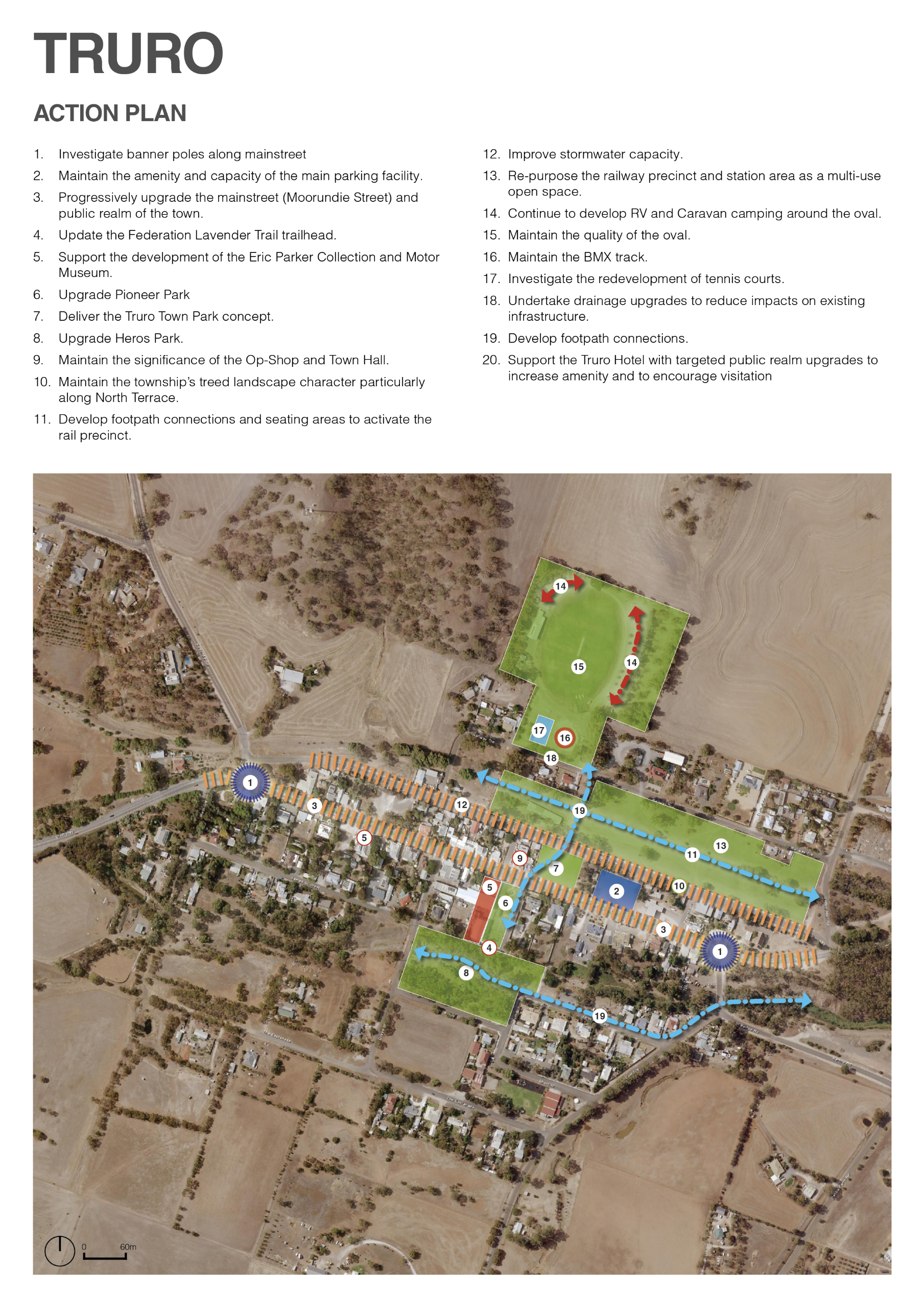A planning poster titled “Truro Action Plan” displayed on a light grey background. At the top, a large bold heading is followed by a list of twenty numbered actions presented in two columns. The actions focus on improving the main street, upgrading parks 