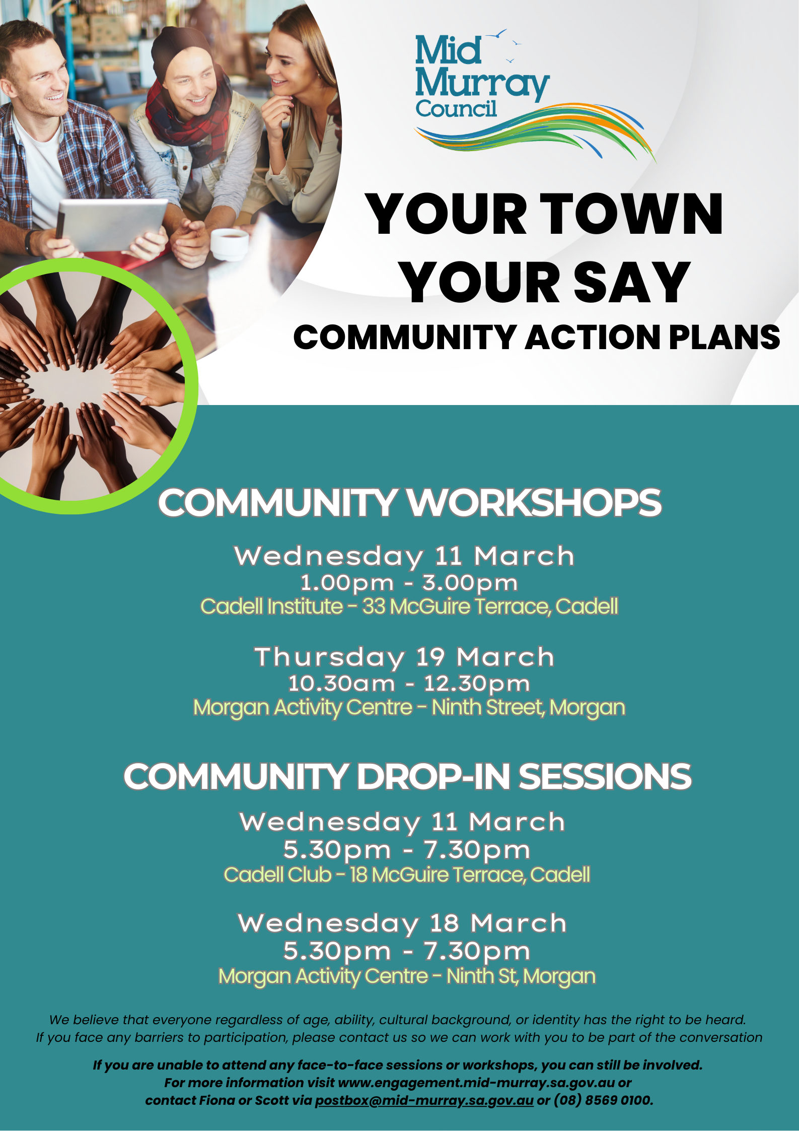 Community Engagement Session flyers which outlines dates and location for each session