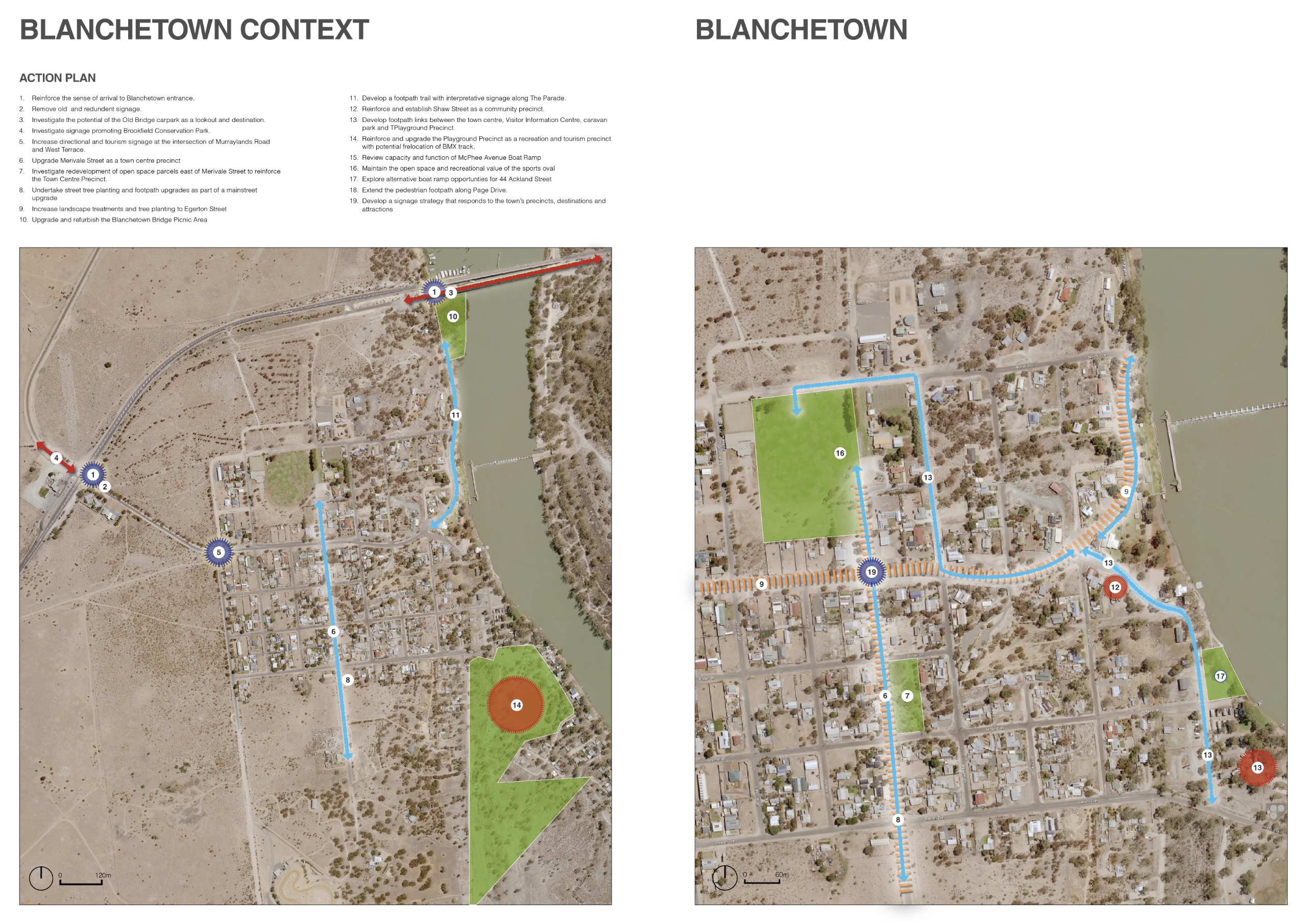 The image is an aerial map of a township labelled “Action Plan – Blanchetown.” The base layer shows a satellite view of the town, with streets, buildings, open spaces, and the surrounding landscape visible. Over the top of the map are coloured lines, shap