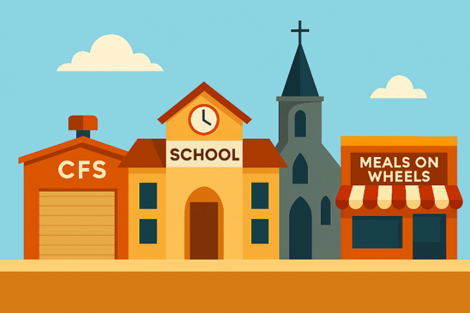 A bright, flat-style illustration shows four community buildings standing side by side against a light blue sky with small white clouds. From left to right:  A red-orange building labelled “CFS,” with a large roller door, representing emergency services. 