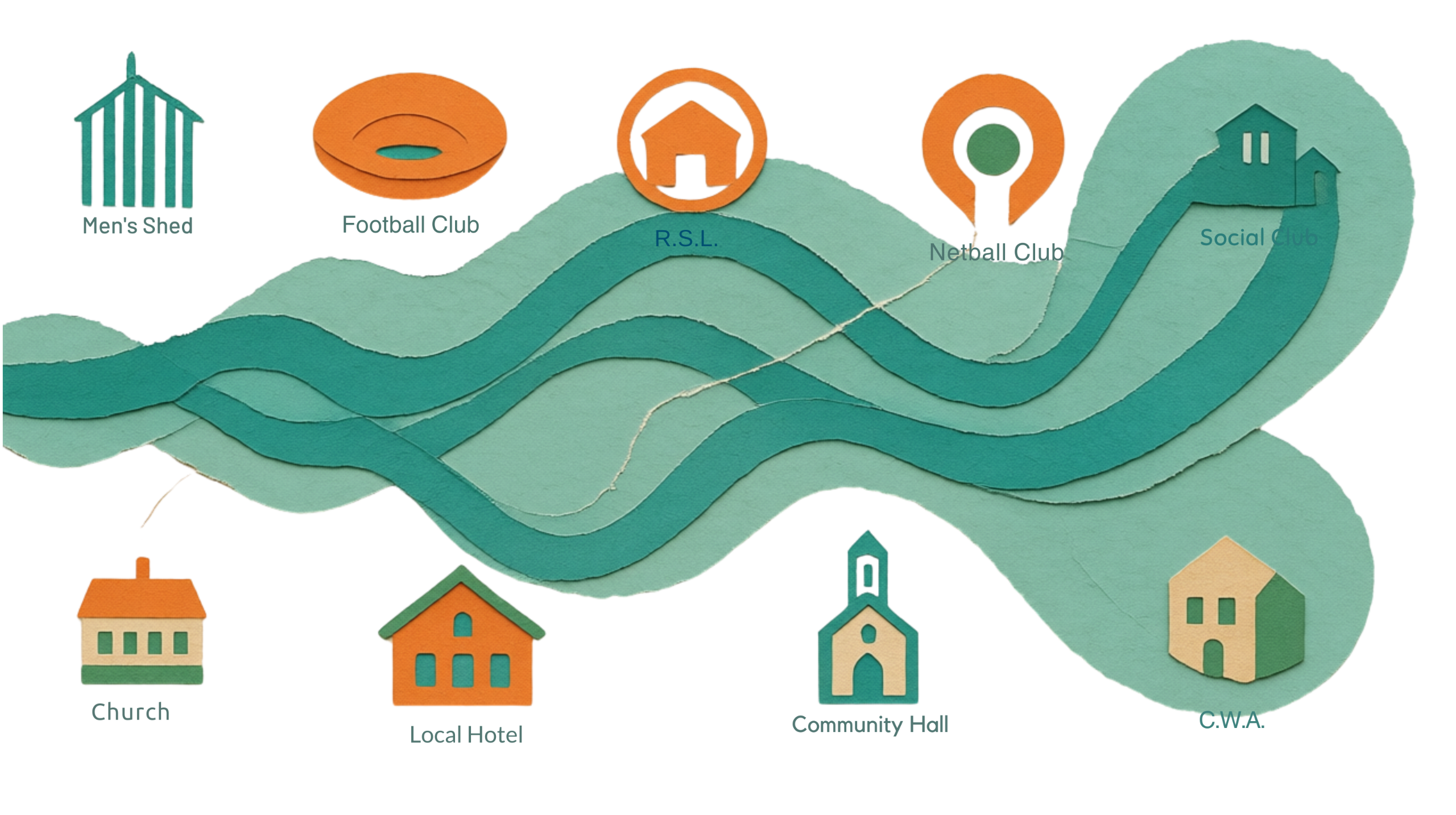 A stylised illustration shows a flowing river running from left to right across the centre of the image, made from layered shapes in shades of green and teal. Along the top of the river are icons representing community groups: a building labelled “Men’s S