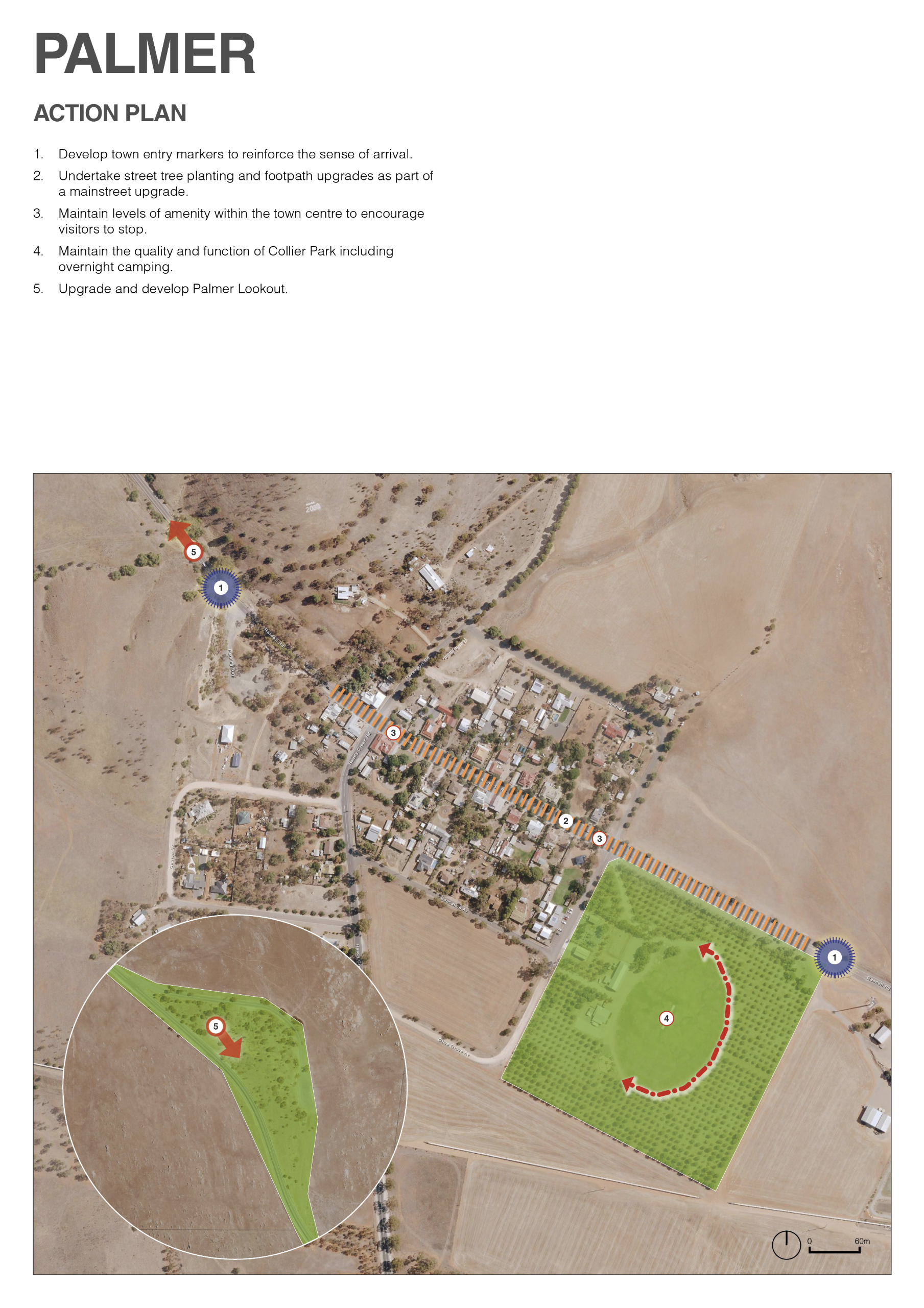A planning poster titled “Palmer Action Plan” displayed on a light grey background. The heading appears in large bold text at the top left, with a short list of five numbered actions beneath it. The actions focus on creating town entry markers, improving 