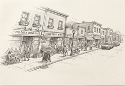 A hand-drawn, sepia-toned illustration of a small-town main street viewed from the footpath. A row of two‑storey historic shopfronts lines the street, with awnings extending over the pavement. One shop sign on the left reads “The Daily Grind Café”, and an